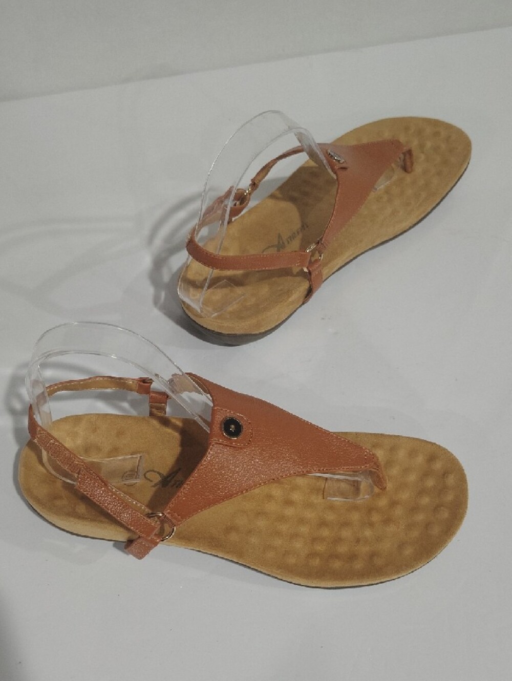 Athlefit Women's Tan Leather T-Strap Sandals - Comfortable Everyday Style Size10
